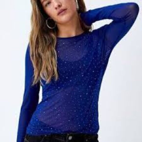 NWT ONLY Sequin Mesh Top Sheer See Through Shirt Long Sleeve Size M - Picture 2 of 6
